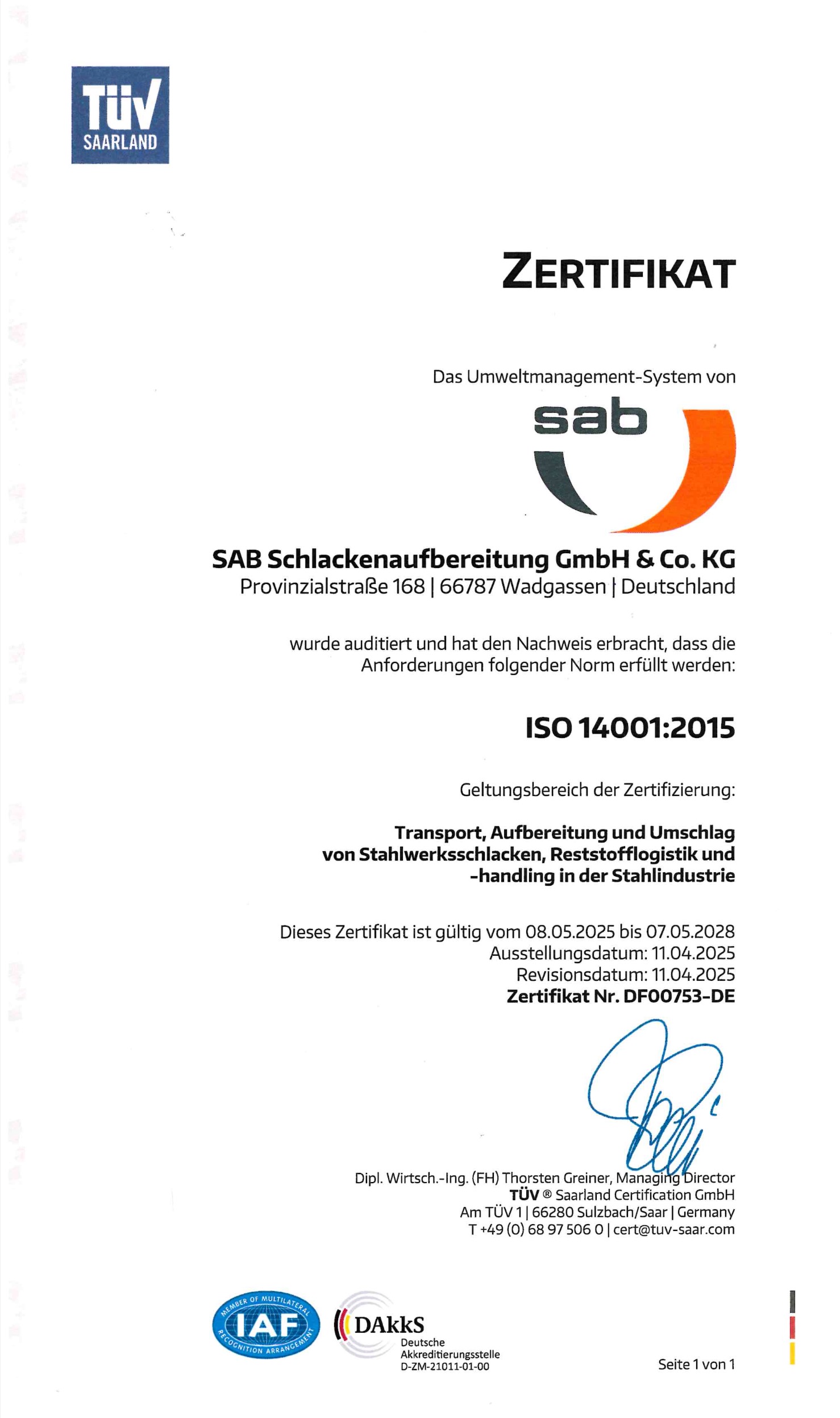 Zertifikat ISO 14001:2015